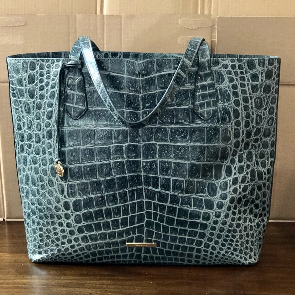 BRAHMIN Misha Obsidian Veil Crocodile Leather Shoulder Bag Top Zip Closure NWT